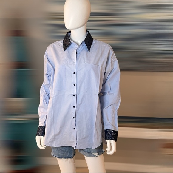 FANTASTIC FAWN button front cotton sequin accent blouse S M L - Picture 7 of 11